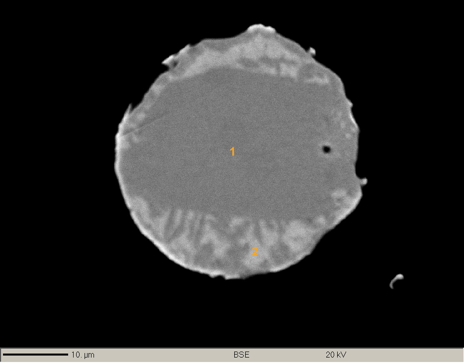 BSE image of the mineralogy in thin section FKM-202, highlighting a vanadium droplet in an unusual hibonite + grossite assemblage