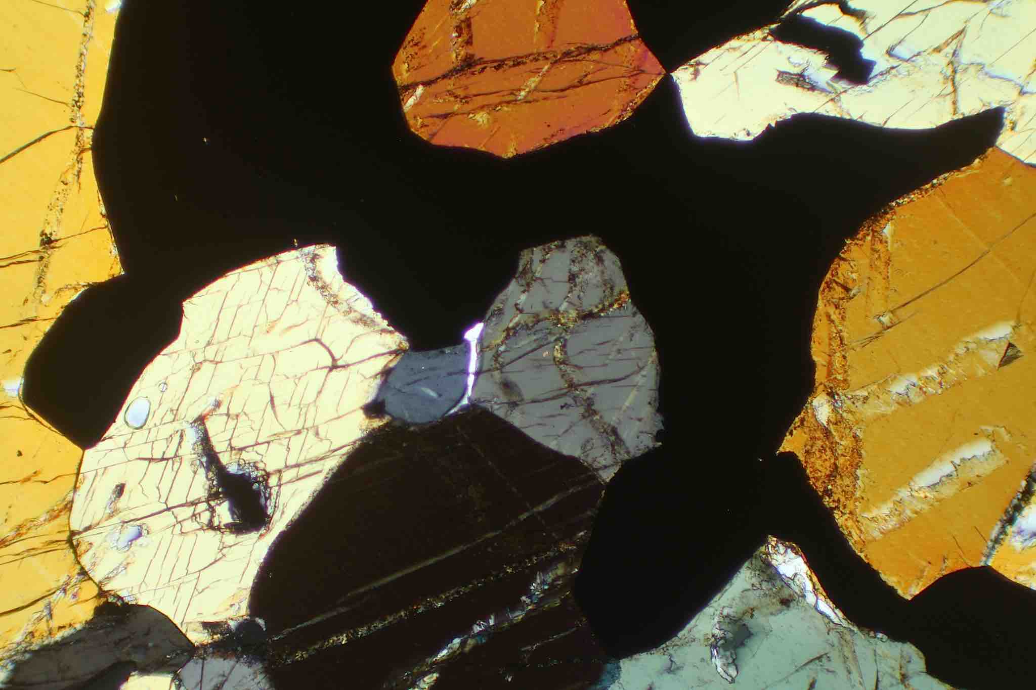 potassic-magnesio-hastingsite magnetite and amphibole in thin section XP E-W Greenwood mine NY
